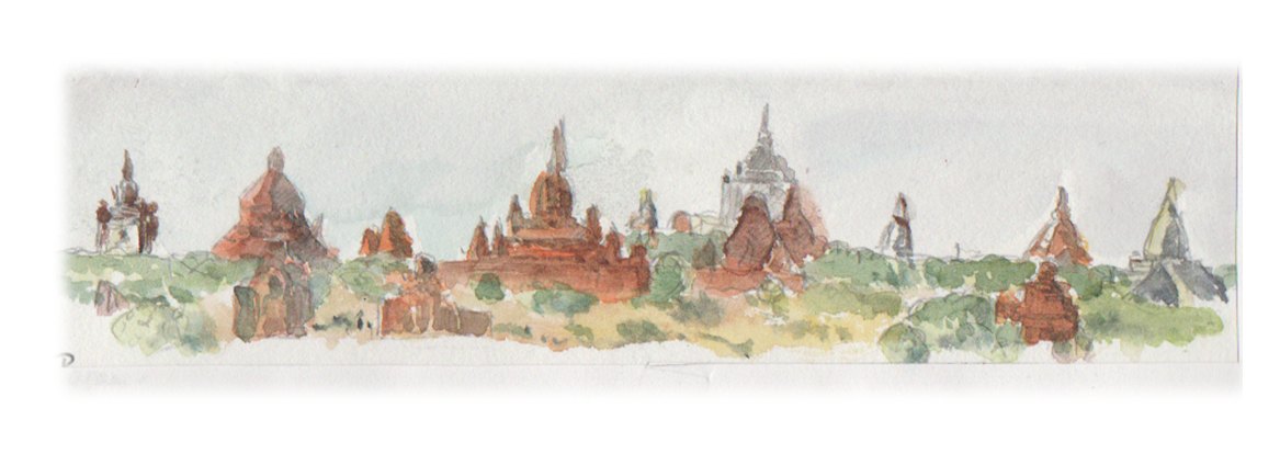 Bagan, vue d'ensemble avec un peu de brume - Dessin Michel Huguier